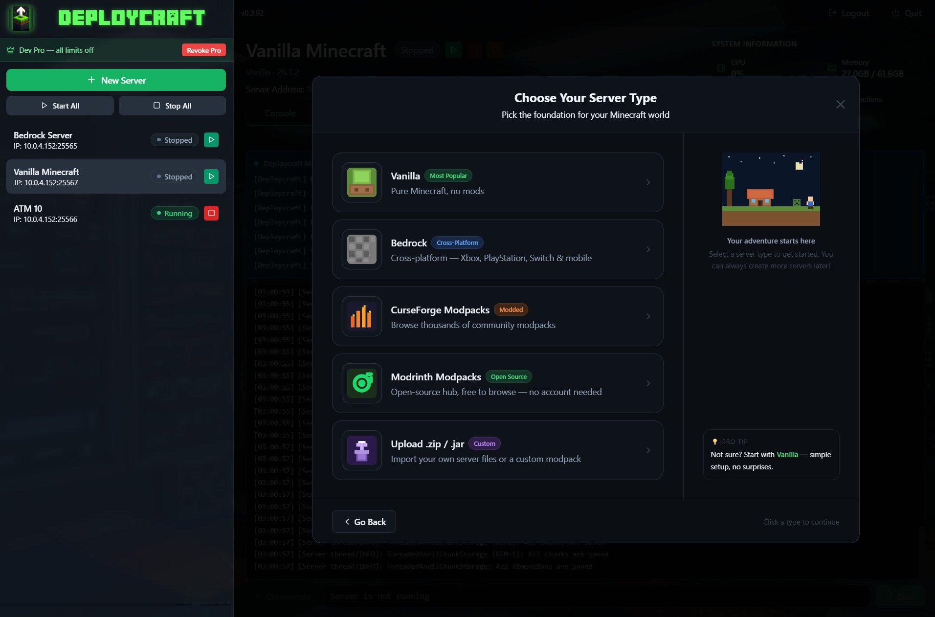 Deploycraft — Choose Your Server Type